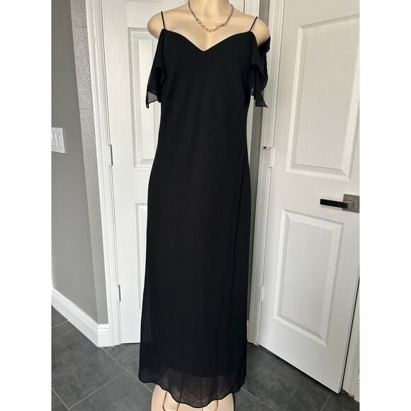 Onyx Nite Black Cold-Shoulder Chiffon Maxi Dress – Size 14 – Made in USA - Picture 3 of 6